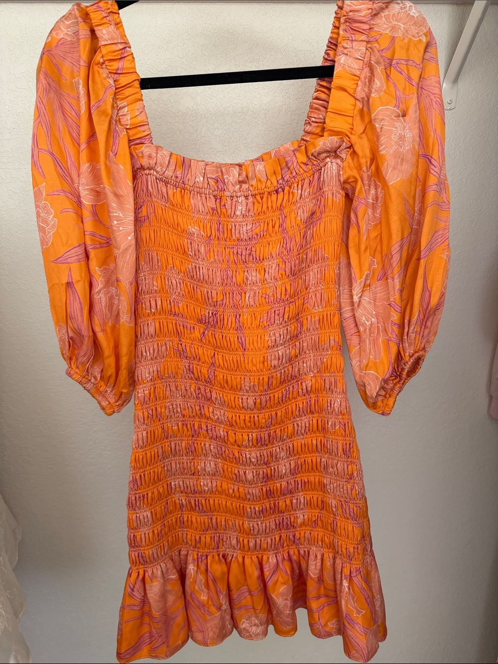 Alexie Orange & Pink Floral Smocked Mini Dress with Puff Sleeves